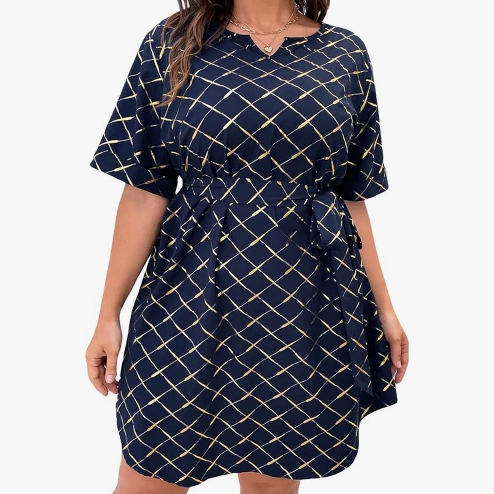 Plaid Notched V Neck Half Sleeve Belted Summer Tunic Short Dress size XL